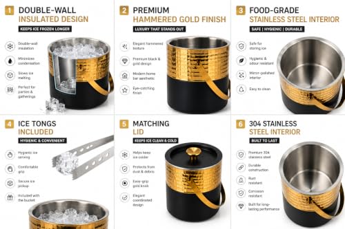 Premium Double Wall Ice Bucket with Lid & Tong, 1 Litre | Insulated Ice Holder with Hammered Gold Finish & Matte Black Base | for Bar, Home, Parties & Gifting